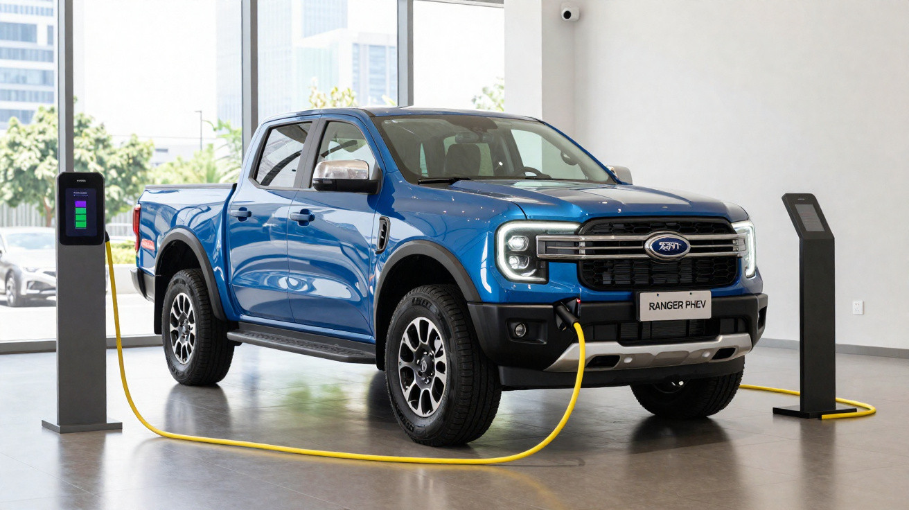 Picape azul Ford Ranger PHEV conectada a estação de carregamento elétrico em showroom moderno.