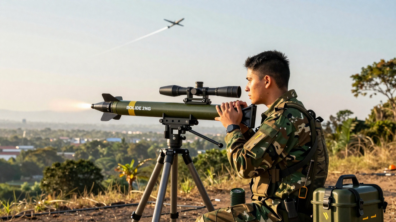 Militar em uniforme camuflado operando sistema de foguete antiaéreo com avião voando ao fundo.