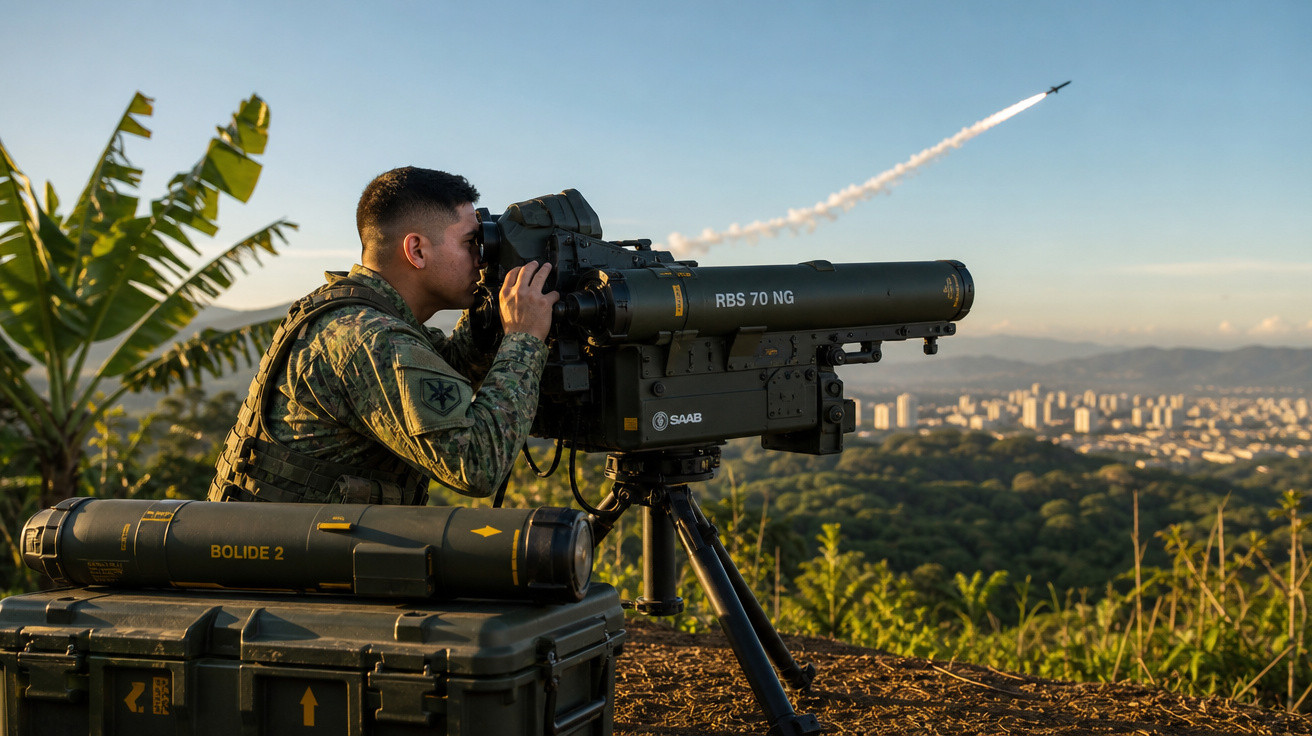 Militar operando sistema de defesa antiaérea RBS 70 NG com cidade ao fundo e míssil em disparo.