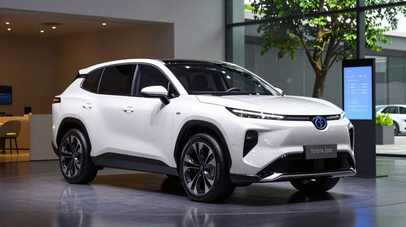 SUV elétrico branco Toyota 2026 exibido em salão de automóveis moderno e iluminado.