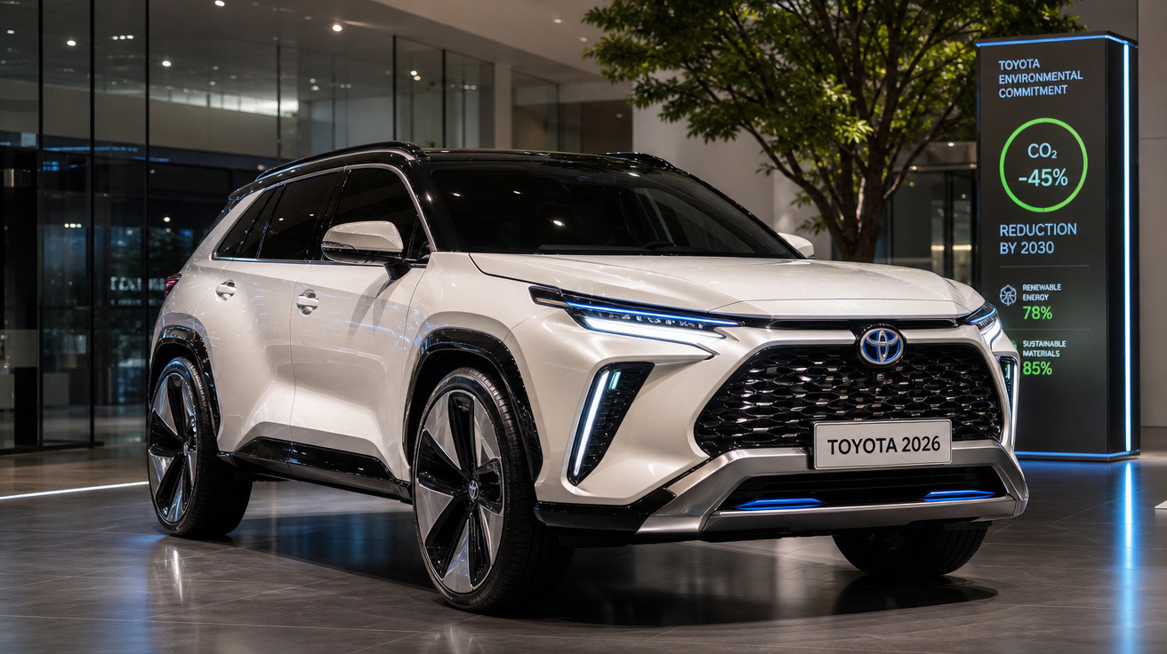 Carro SUV Toyota branco com design futurista em exposição interna, placa dianteira "Toyota 2026" e painel ambiental ao fundo.