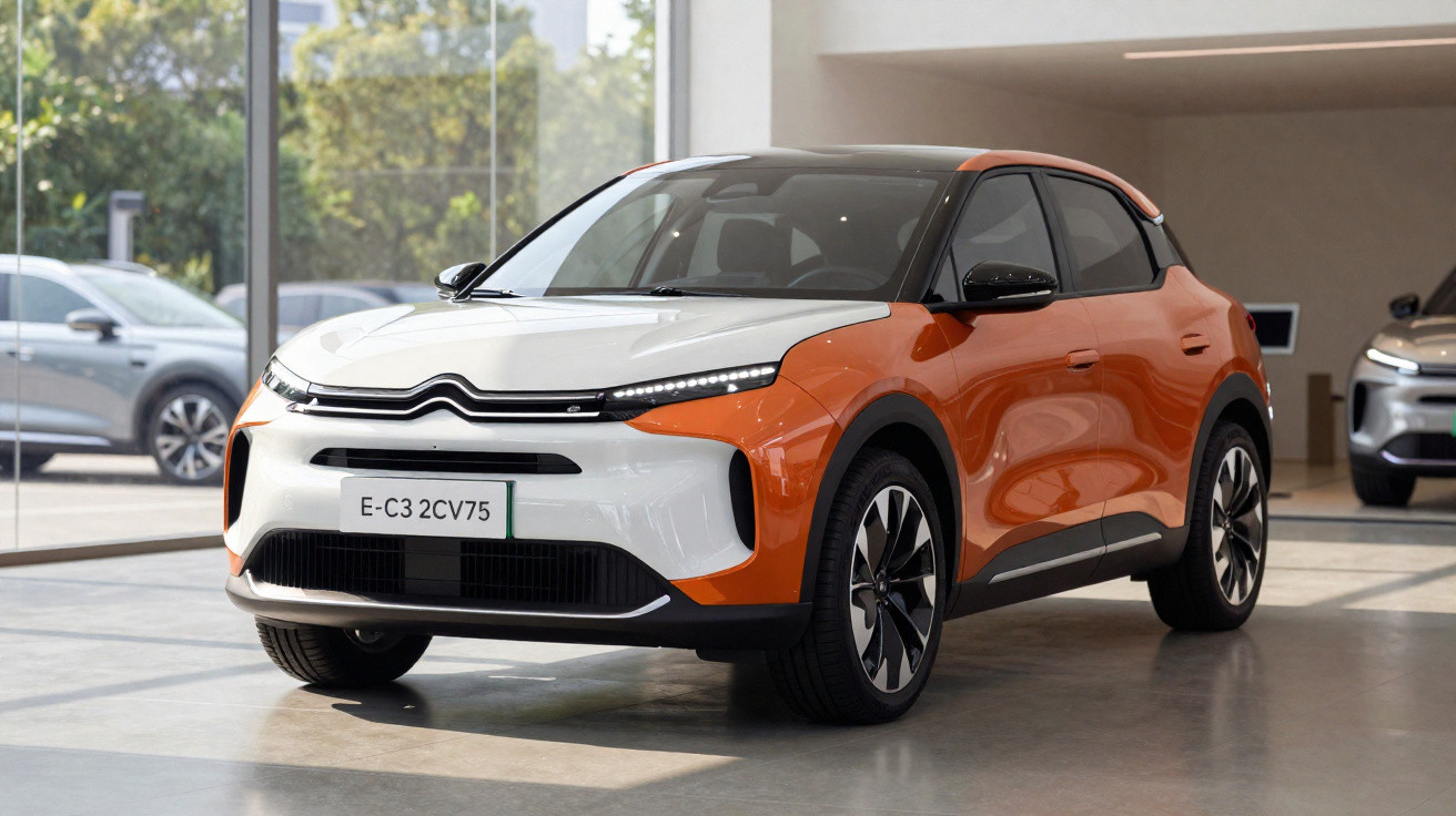 Carro elétrico Citroën E-C3 laranja e branco estacionado em showroom com piso cinza.