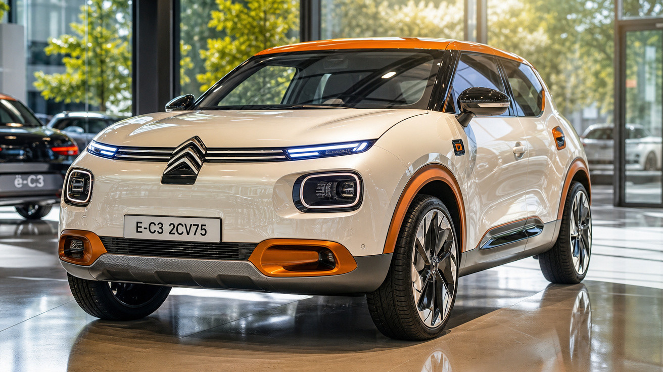 Carro elétrico Citroën E-C3 branco com detalhes laranja em showroom com iluminação natural.