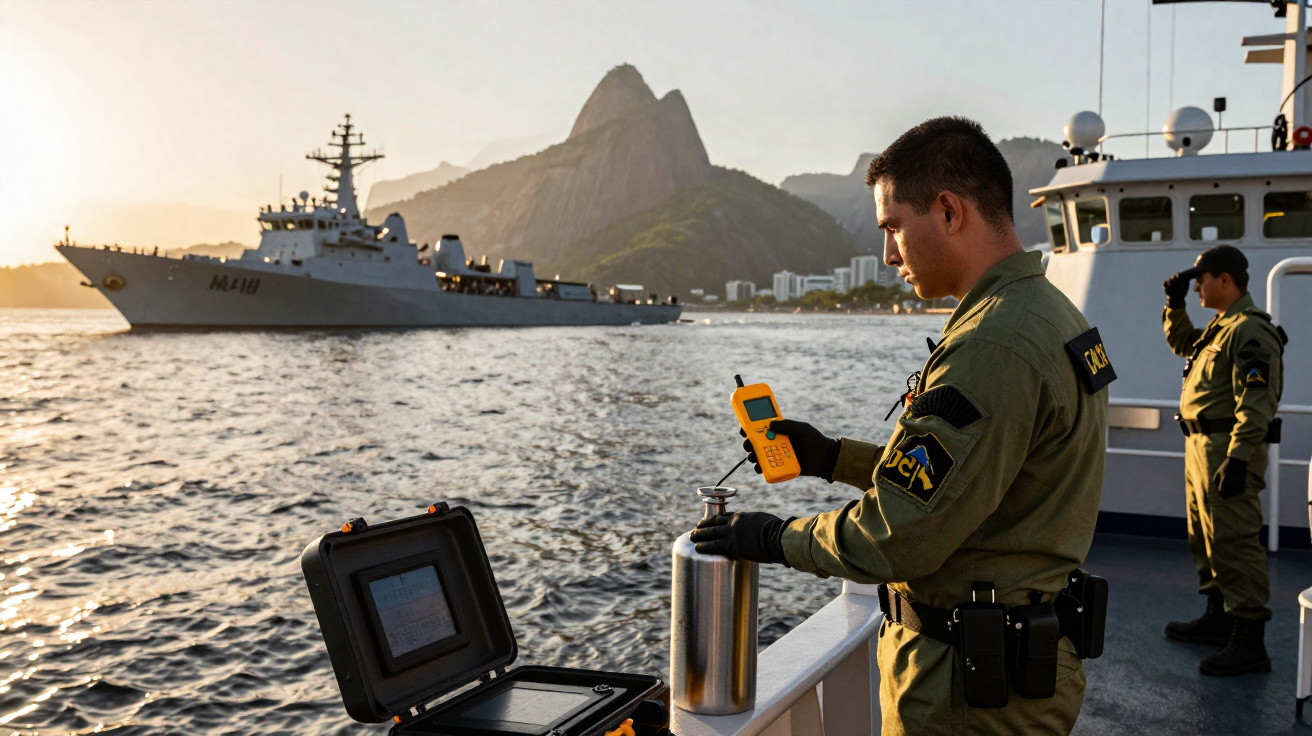 Dois militares em embarcação realizando medição ambiental no mar, com navio e Pão de Açúcar ao fundo.