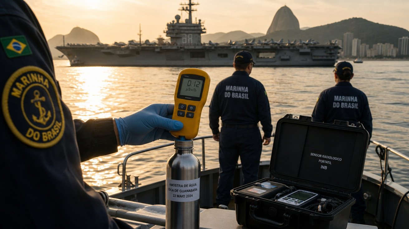Militares da Marinha do Brasil coletam amostra de água na Baía de Guanabara com porta-aviões ao fundo no pôr do sol.