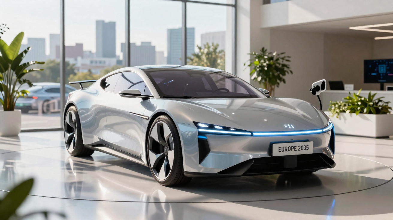 Carro elétrico esportivo prata em exibição em espaço interno moderno com plantas e vista urbana.