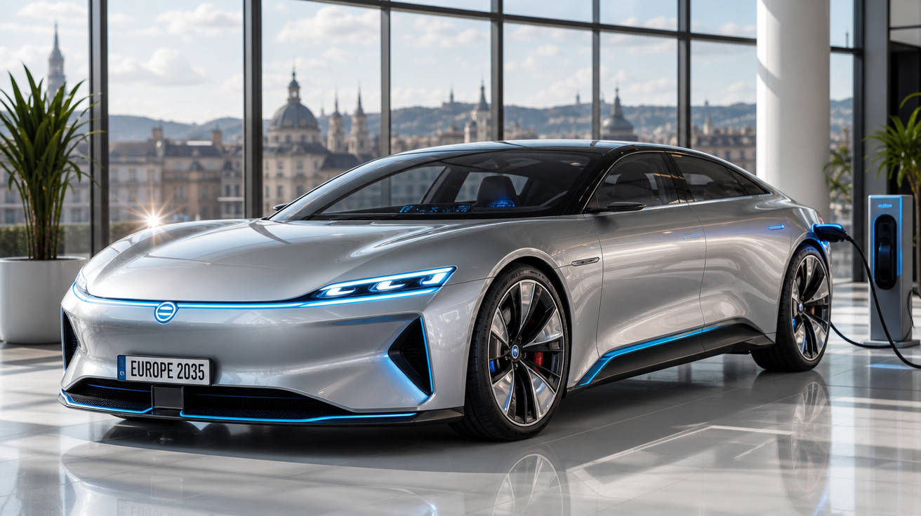 Carro elétrico esportivo prata futurista carregando em estação, com cidade histórica ao fundo vista por janela panorâmica.