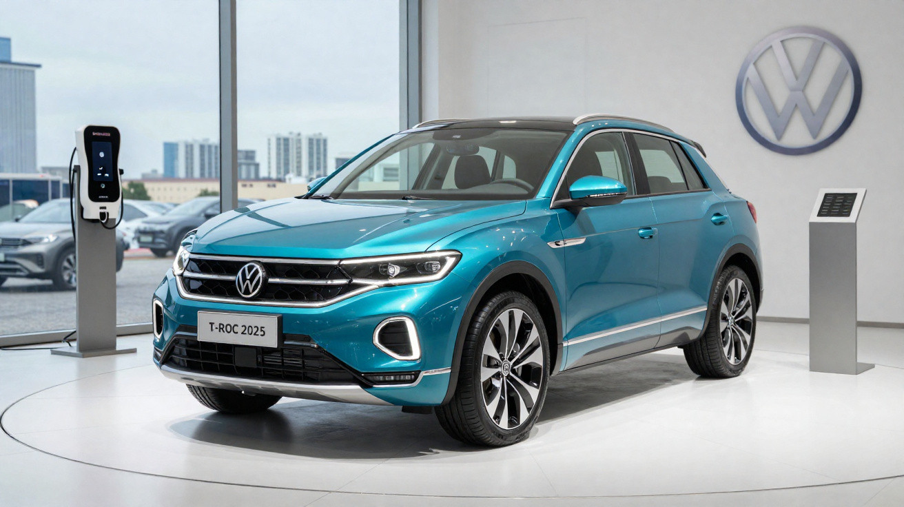 Carro Volkswagen T-Roc 2025 azul exibido em showroom moderno com logo da Volkswagen ao fundo.