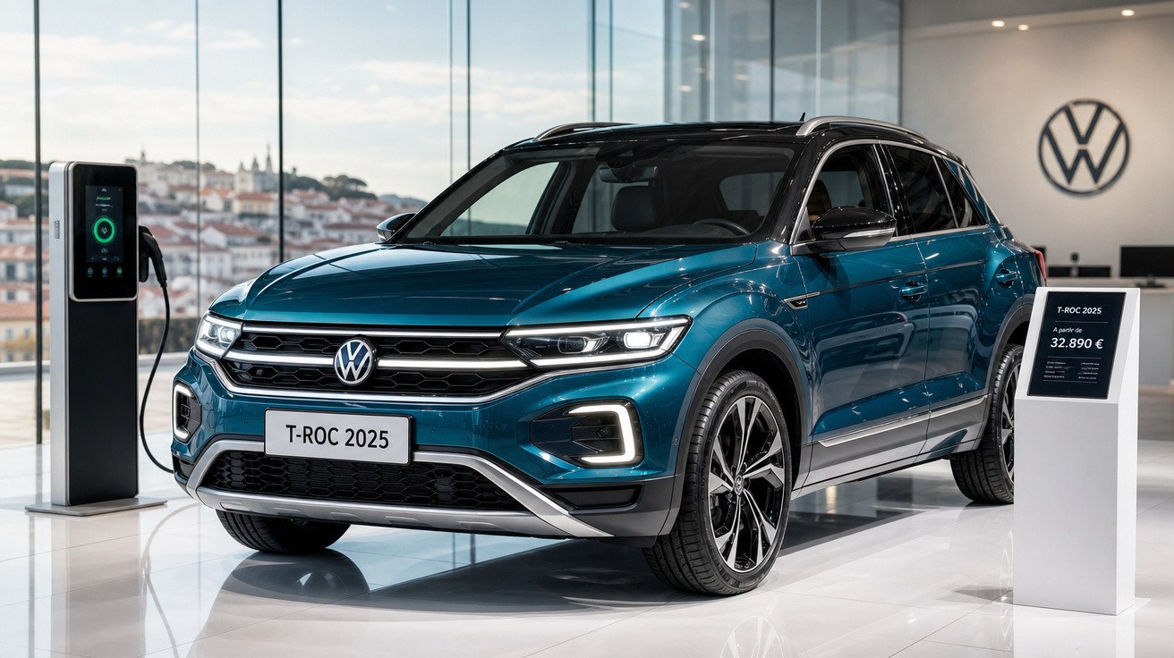 Carro Volkswagen T-Roc 2025 azul em showroom, conectado a estação de recarga elétrica.