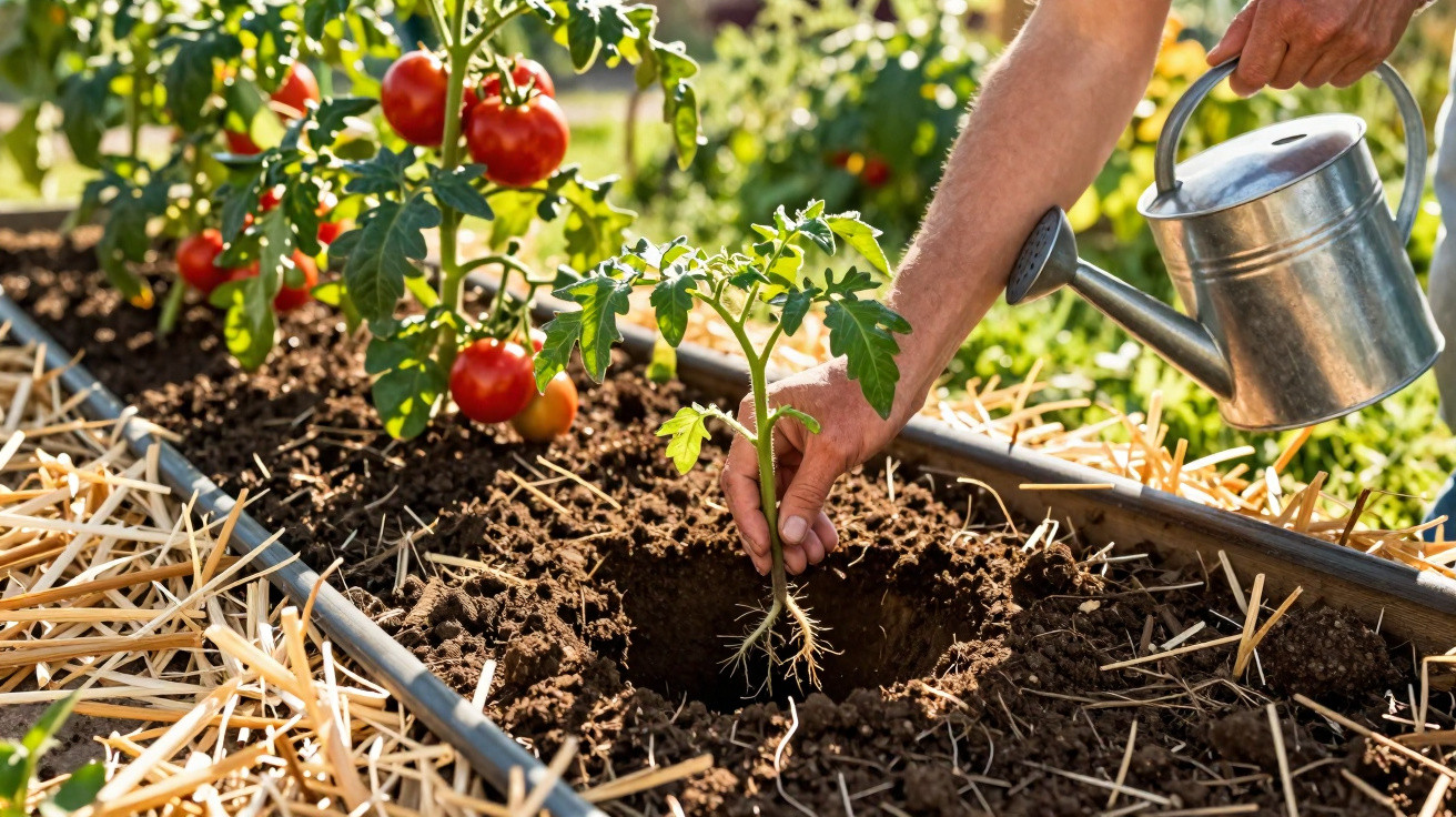 Pessoa plantando muda de tomate em solo úmido em canteiro com tomates maduros ao fundo.
