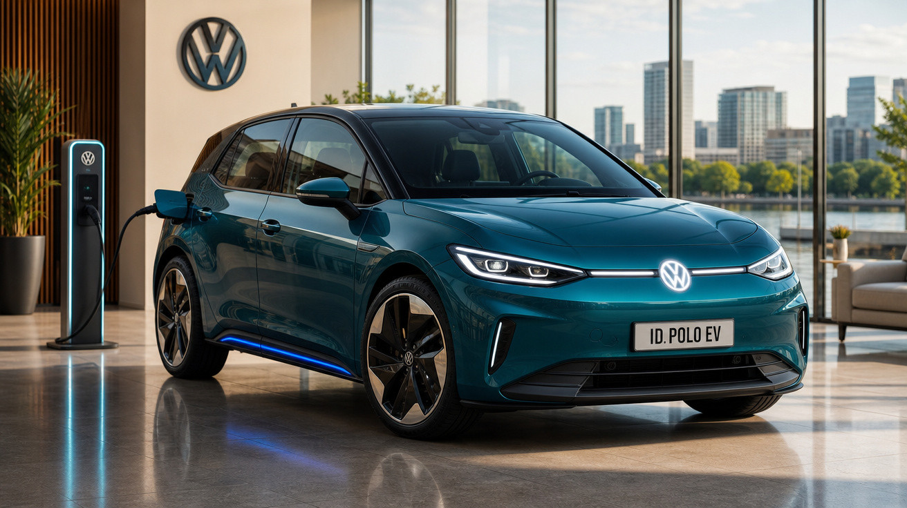 Carro elétrico Volkswagen ID. Polo EV azul conectado a carregador em ambiente interno moderno.