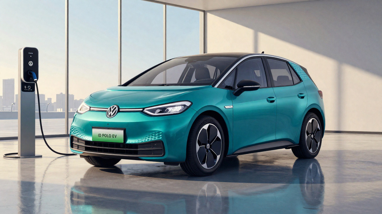 Carro elétrico Volkswagen ID. Polo EV verde conectado a estação de recarga em ambiente moderno e iluminado.
