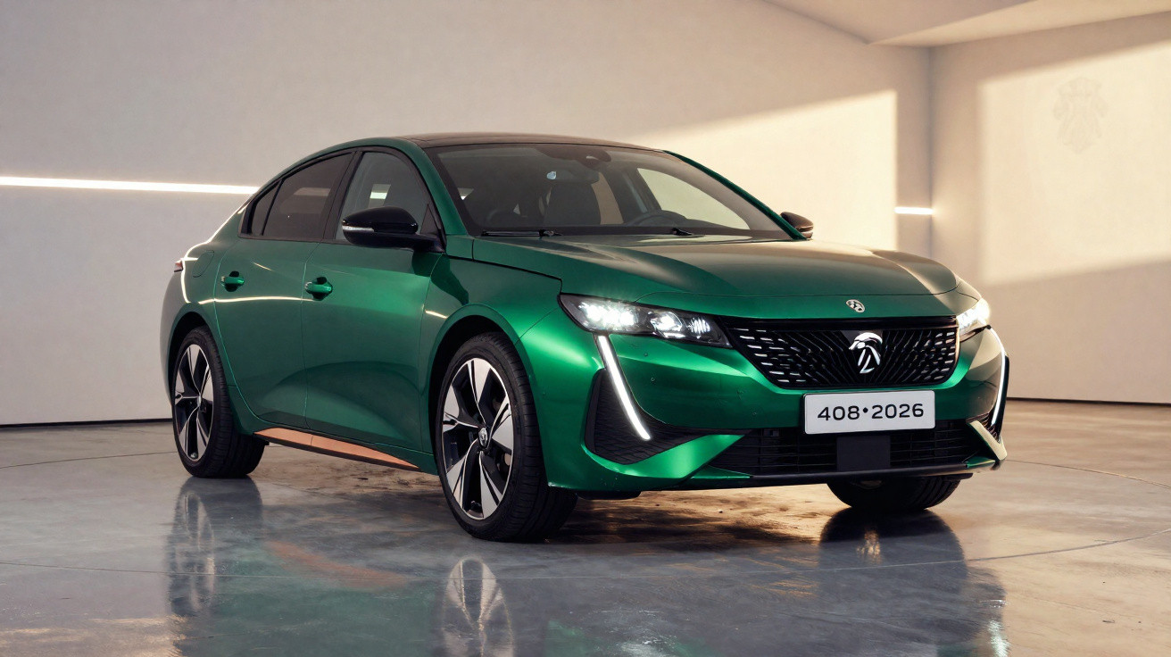 Carro sedan verde metálico modelo 408 2026 em ambiente interno com piso refletivo e iluminação suave.