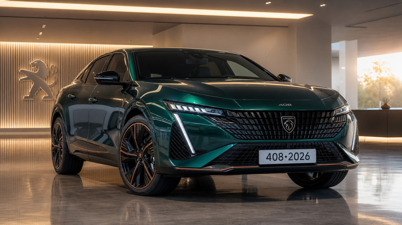 Carro Peugeot 408 verde escuro em showroom moderno com iluminação ambiente e logo da marca na parede.