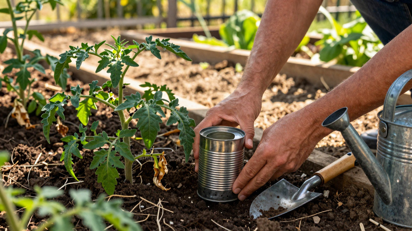 Mãos de homem preparando lata para plantar muda de tomate em solo fértil com regador e pá ao lado.