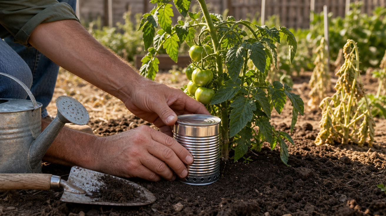 Pessoa colocando lata perfurada ao redor de planta de tomate verde em jardim utilizando regador e pá.