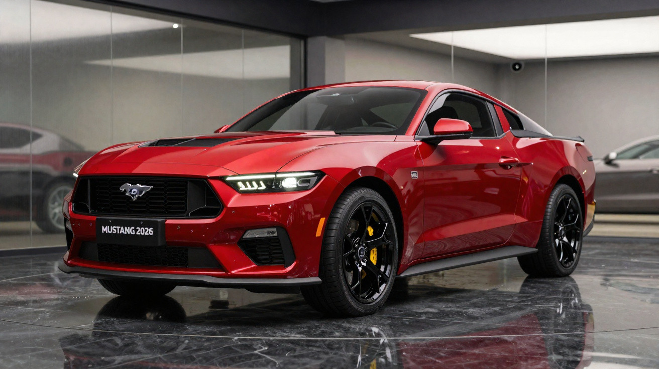Carro esportivo vermelho Ford Mustang 2026 em garagem com piso refletivo e paredes cinza.