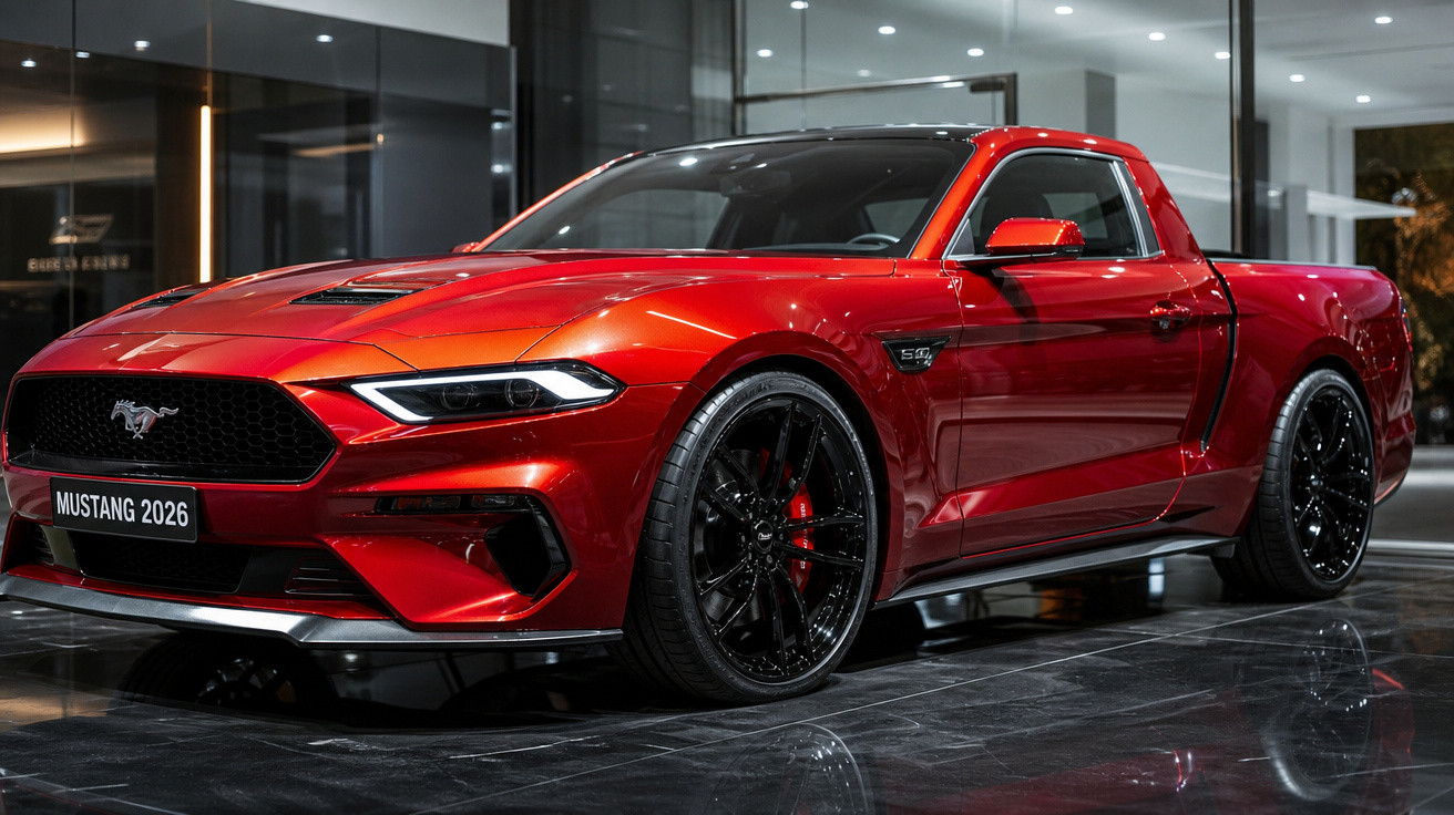 Carro esportivo vermelho Ford Mustang 2026 estacionado em ambiente moderno com piso refletivo.
