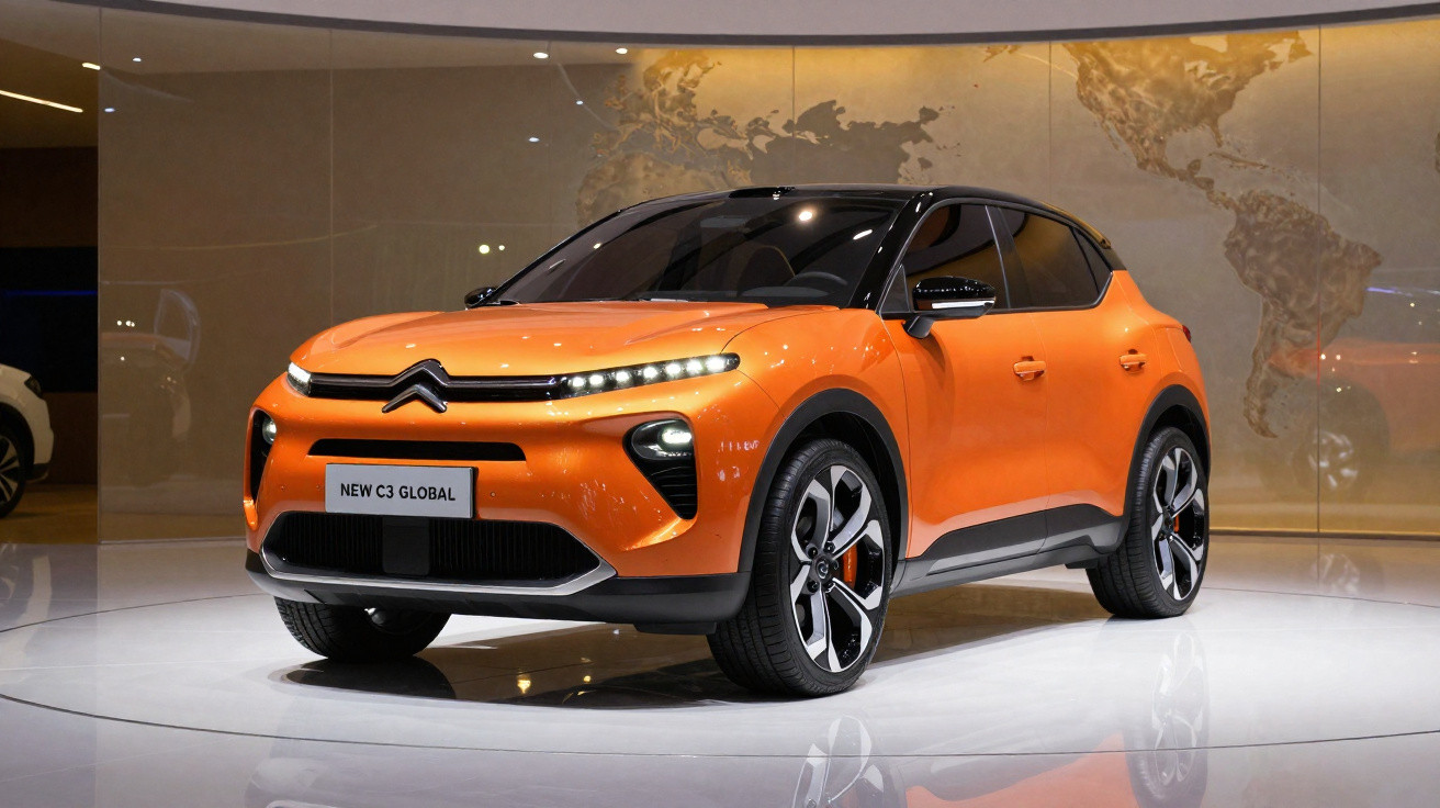 Carro Citroën New C3 Global laranja em exposição com mapa mundi ao fundo.