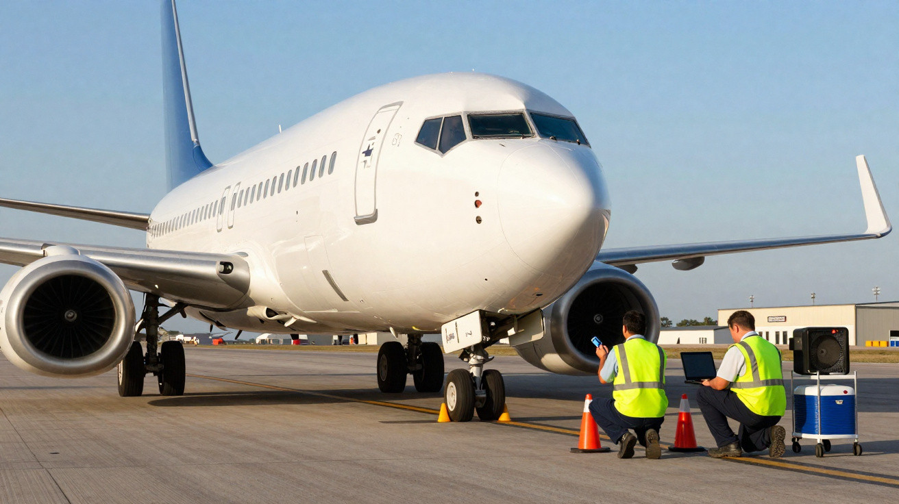 Avião branco estacionado no pátio com dois trabalhadores em coletes refletivos ao lado.
