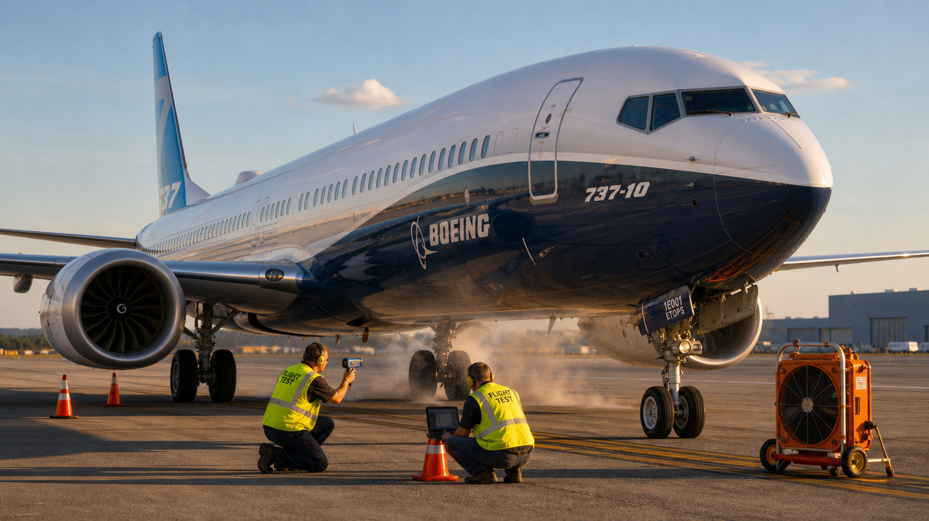 Avião Boeing 737-10 parado em pista com dois técnicos em coletes amarelos realizando testes.