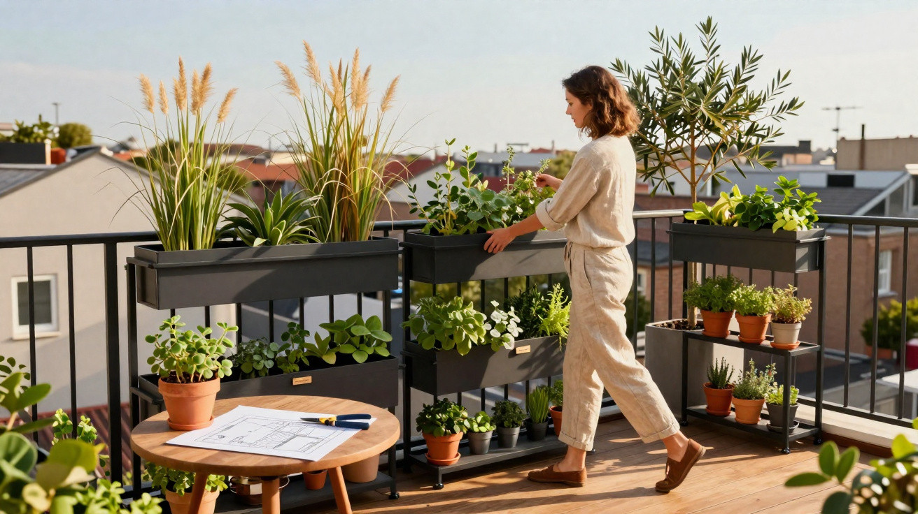 Mulher cuidando de plantas em vasos em uma varanda ensolarada com vista para casas.