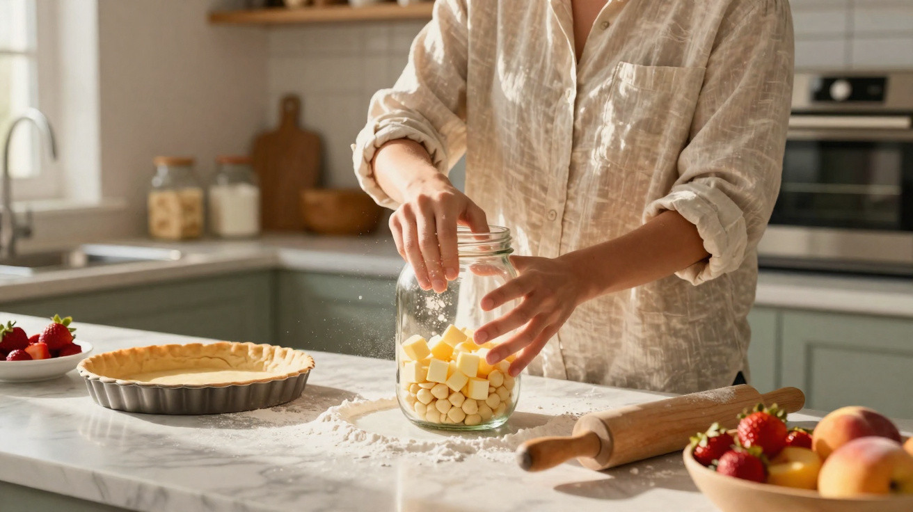 Pessoa colocando ingredientes em pote de vidro sobre bancada na cozinha iluminada natural.