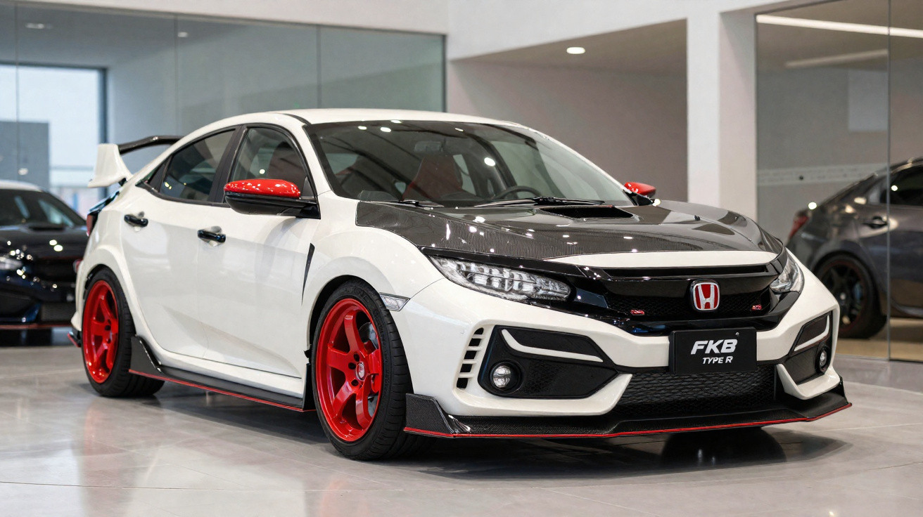 Carro esportivo Honda Civic Type R branco com detalhes em vermelho em showroom moderno.