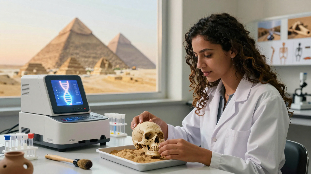 Mulher cientista em laboratório arqueológico analisando crânio humano com Pirâmides do Egito ao fundo.