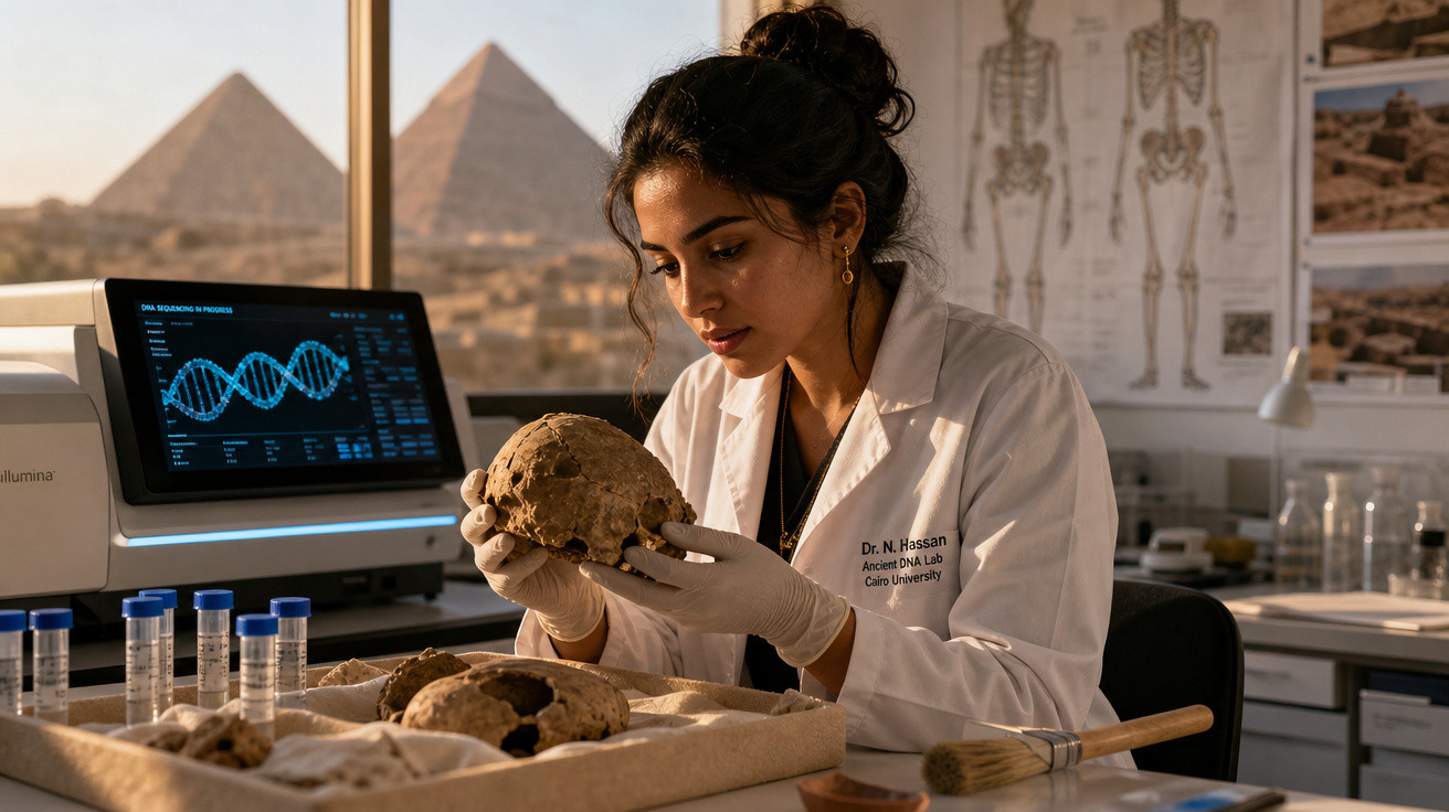 Pesquisadora analisando crânio em laboratório com pirâmides visíveis pela janela ao fundo.