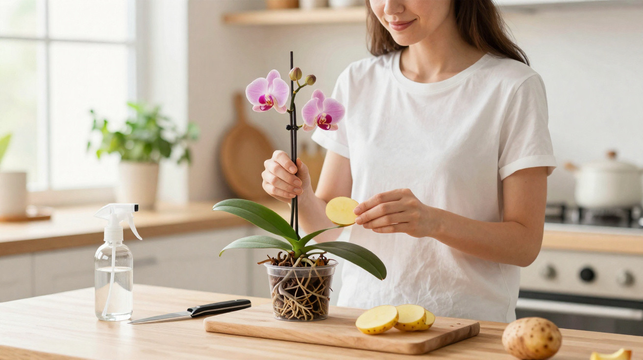 Mulher cuidando de orquídea com fatias de batata em cozinha iluminada e moderna.