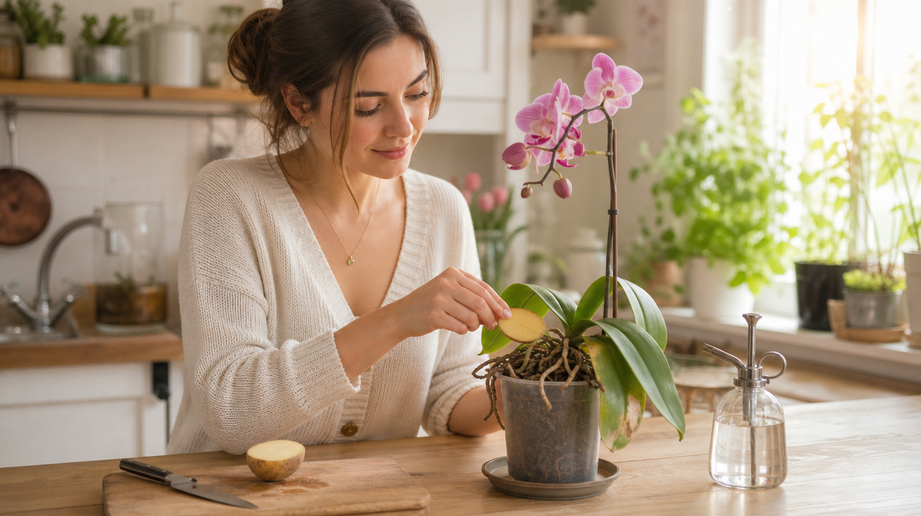 Mulher cuidando de orquídea usando fatia de batata em ambiente interno com luz natural.