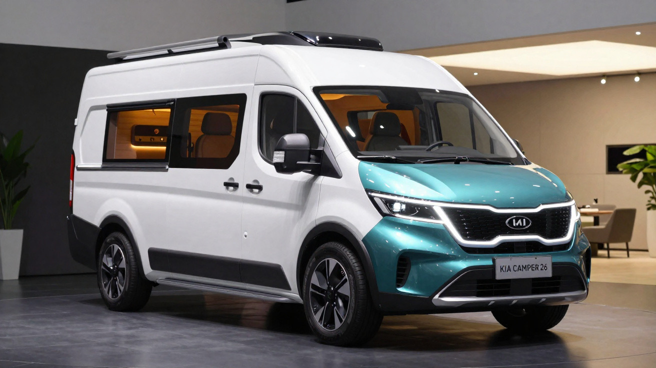Furgão Kia Camper 26 branco com frente azul, portas laterais e interior visível iluminado.