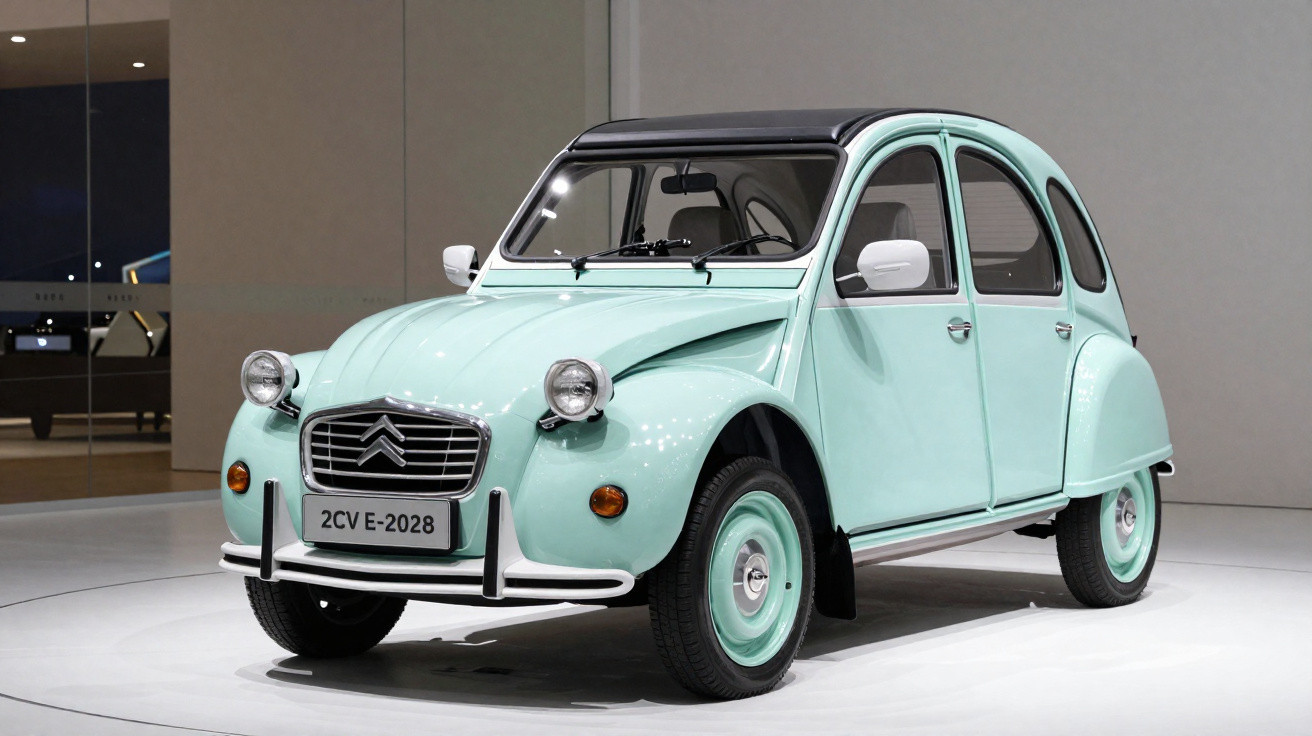 Carro Citroën 2CV azul claro com teto preto exposto em ambiente interno neutro.