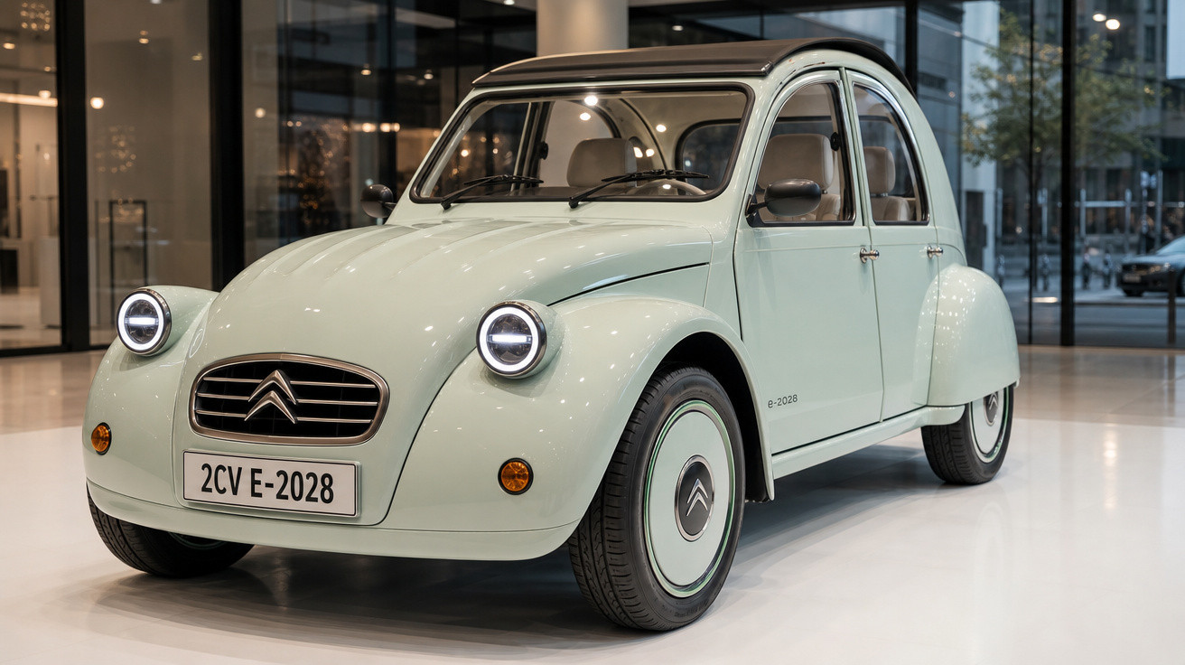 Carro Citroën 2CV E-2028 elétrico em exposição, cor verde claro, em ambiente moderno e iluminado.