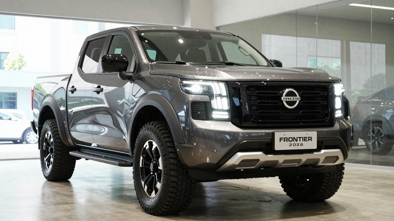 Picape Nissan Frontier 2026 cinza estacionada em showroom com faróis modernos acesos.
