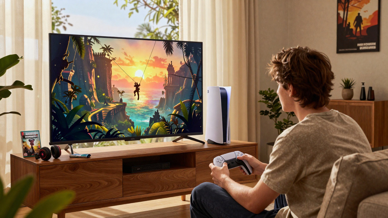Jovem sentado no sofá jogando videogame em TV com console PlayStation 5 ao lado.