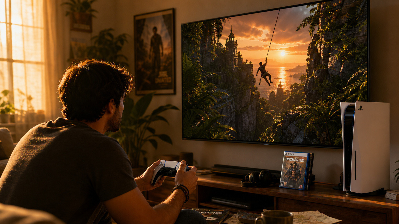 Homem jogando videogame Uncharted em uma TV grande com console PlayStation 5 na sala iluminada pelo pôr do sol.