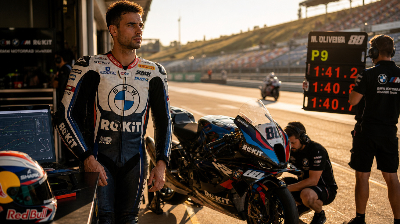 Piloto de moto BMW ROKiT no pit lane de circuito ao pôr do sol, equipe ajustando motocicleta.