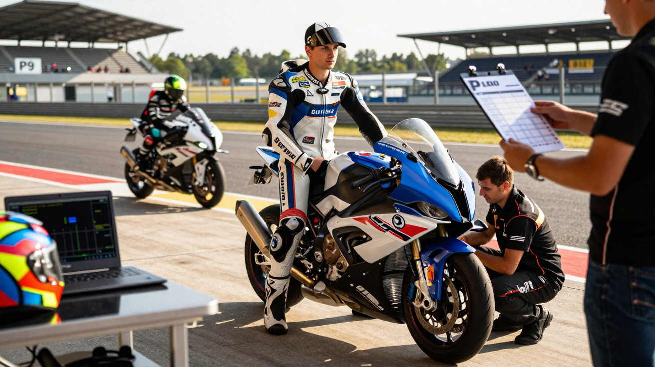 Piloto de moto em trajes de corrida sentado em motocicleta azul no boxe, com equipe e outra moto ao fundo na pista.