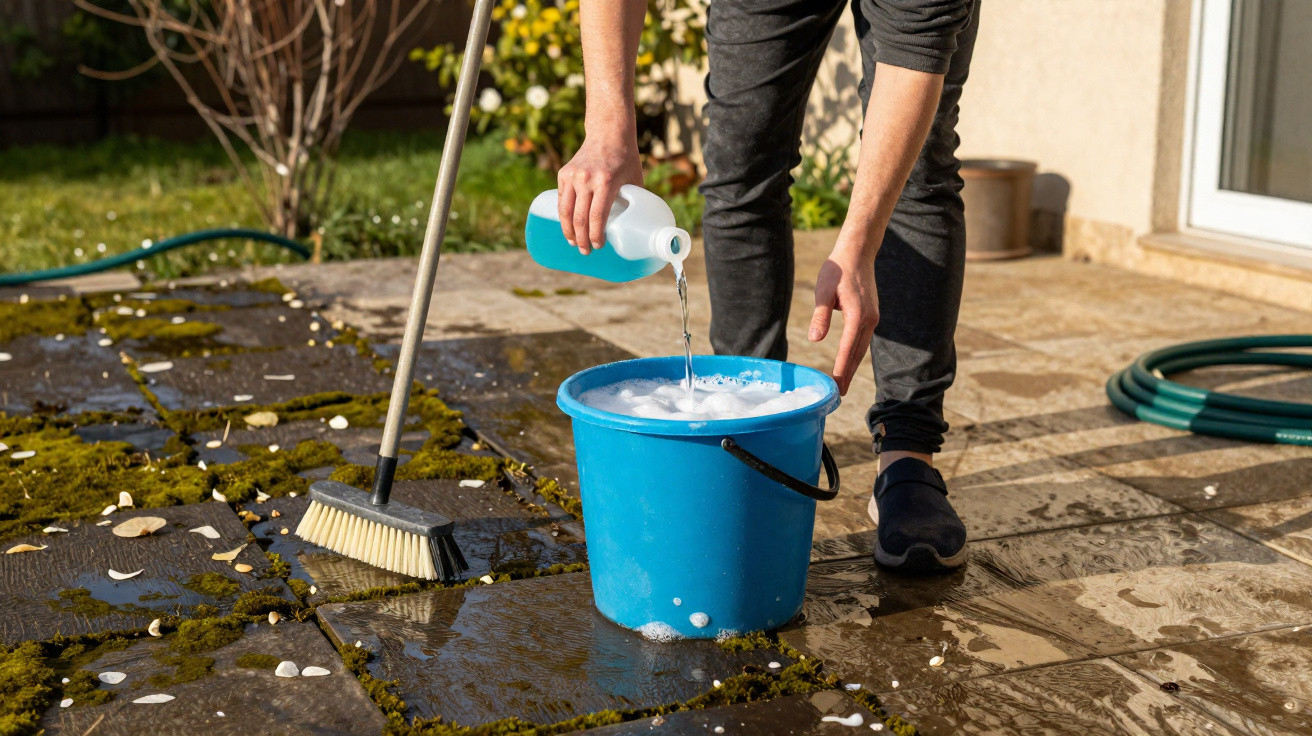 Pessoa colocando detergente em balde azul cheio de água para limpar piso externo de pedra com vegetação.
