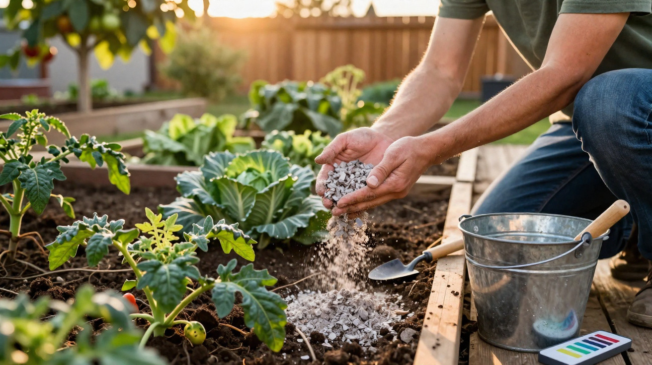 Pessoa aplicando fertilizante mineral em horta caseira com plantas de tomate e repolho ao entardecer.