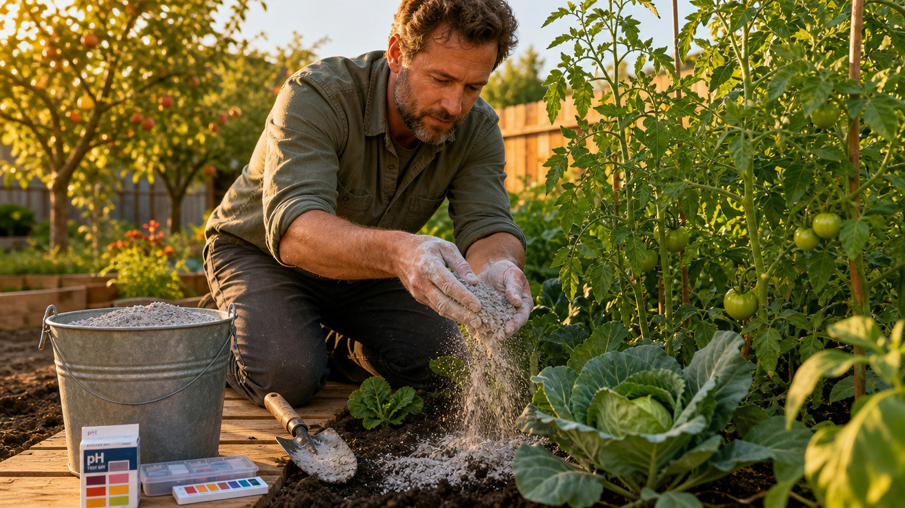 Homem aplicando fertilizante no solo de uma horta caseira com plantas de tomate e repolho.