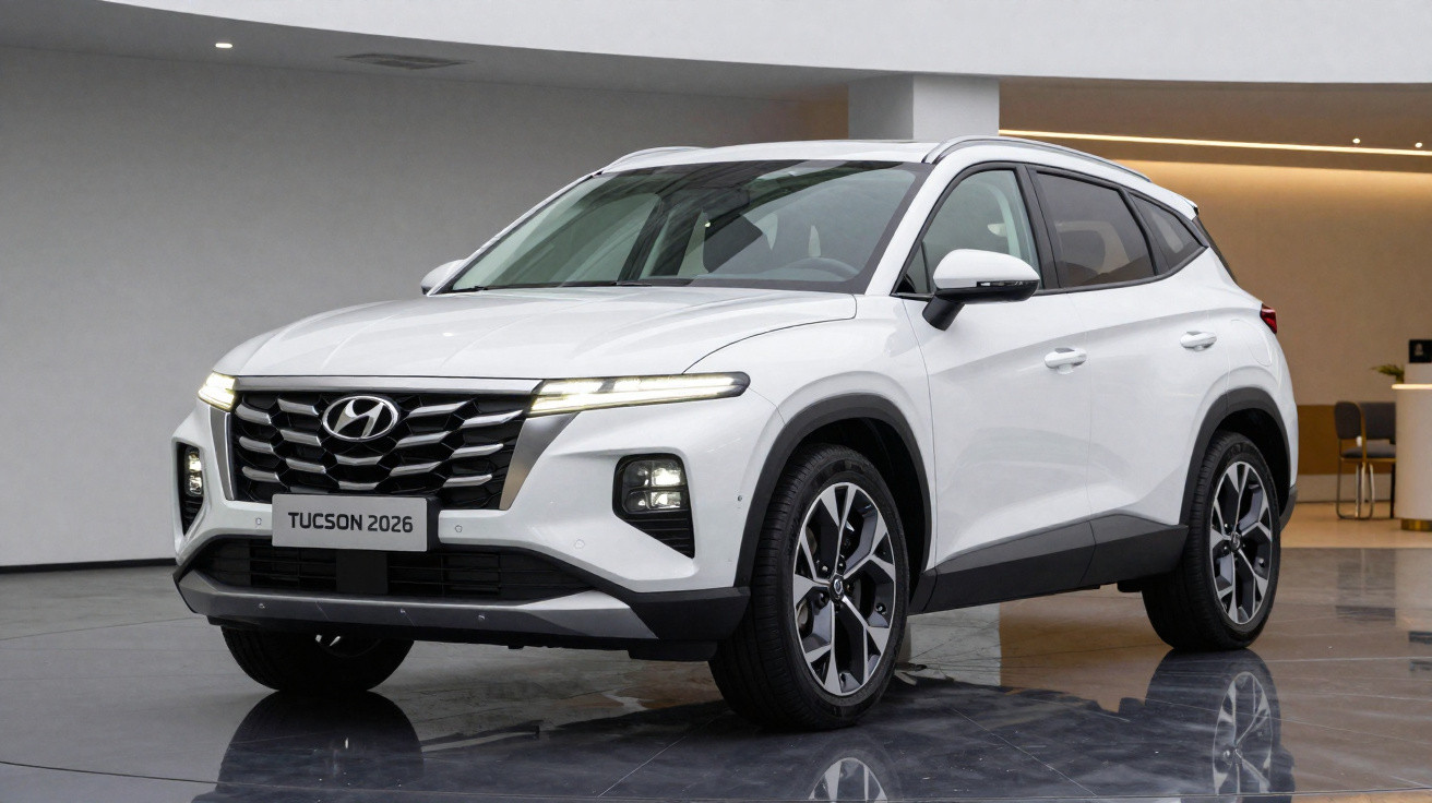 SUV Hyundai Tucson 2026 branco estacionado em ambiente interno com piso refletivo.