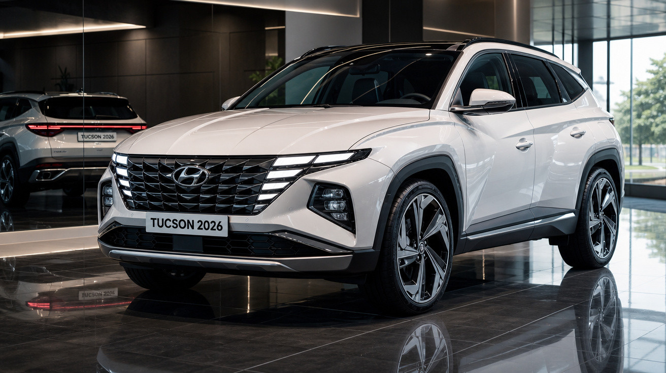 Hyundai Tucson 2026 branco estacionado em showroom com piso brilhante e iluminação ambiente moderna.