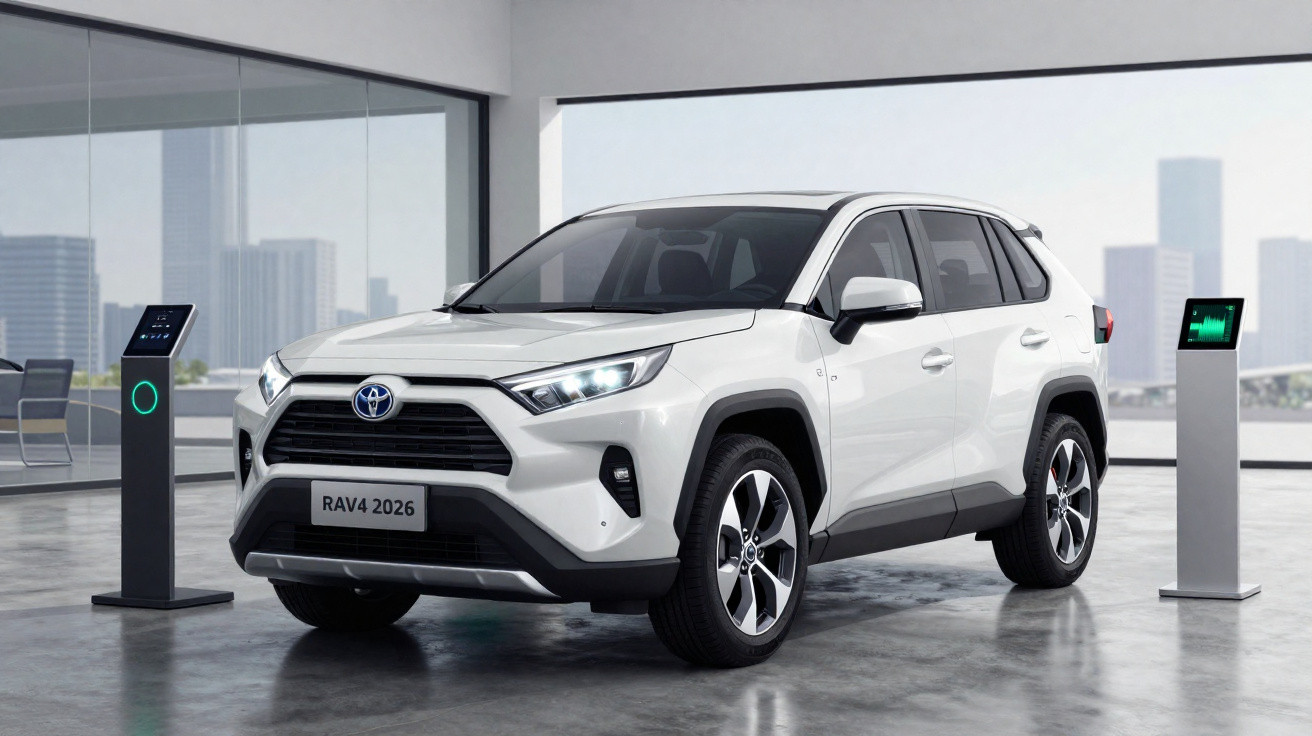 SUV branco Toyota RAV4 2026 estacionado em ambiente interno moderno, ladeado por dispositivos tecnológicos.