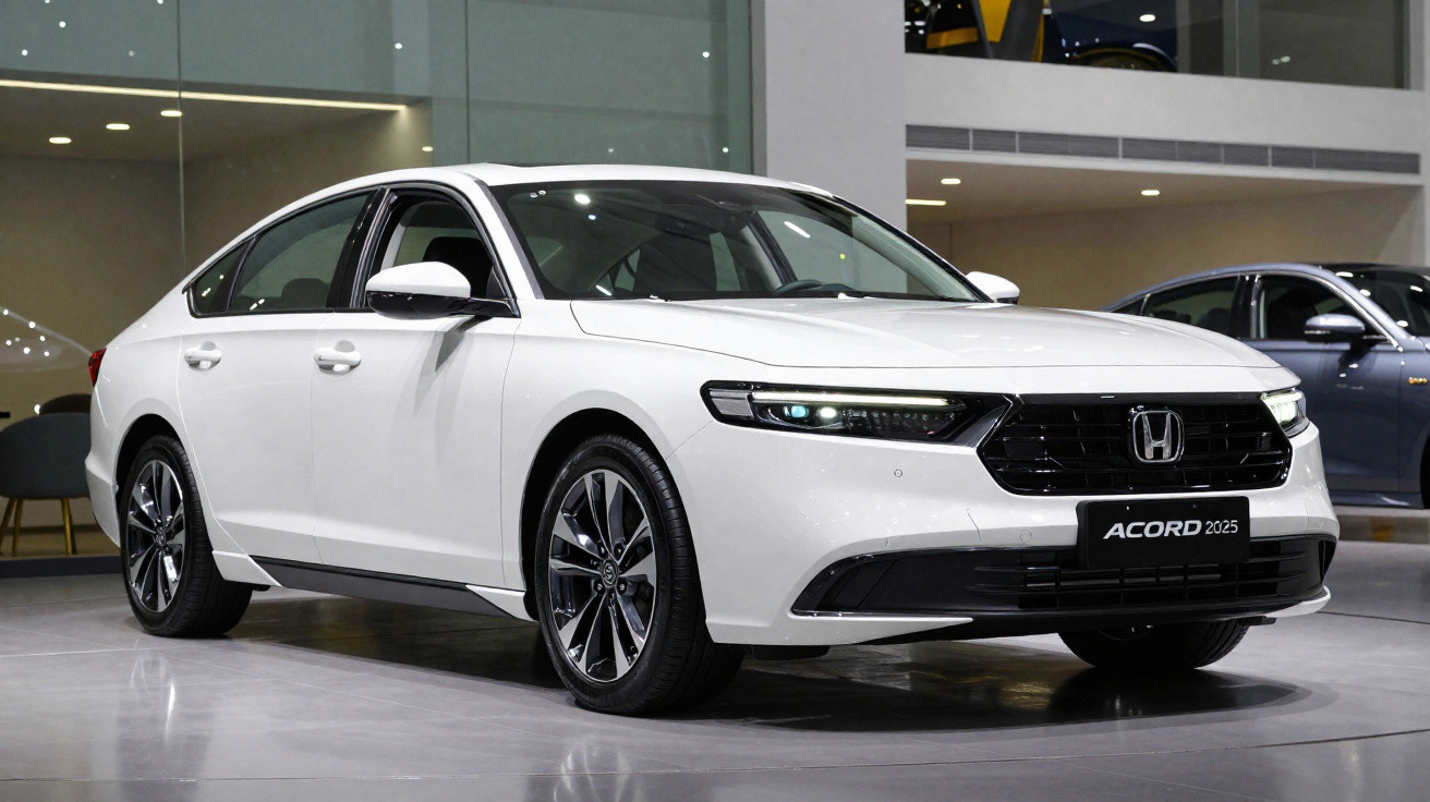 Carro branco Honda Accord 2025 em exposição, vista frontal lateral esquerda, interior moderno e elegante.