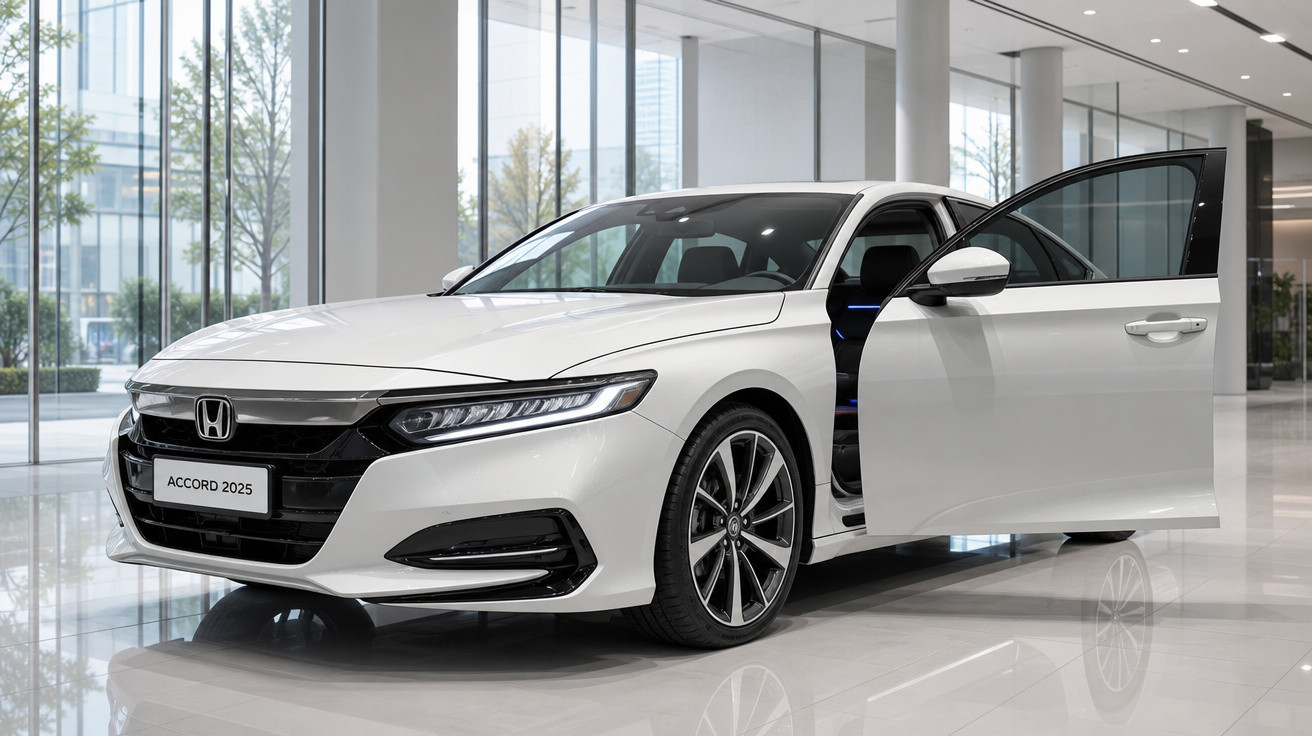 Carro Honda Accord 2025 branco com porta dianteira aberta em showroom moderno e iluminado.