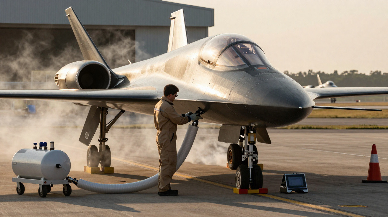 Aeronave militar tecnológica em solo sendo preparada por técnico com equipamento de manutenção.
