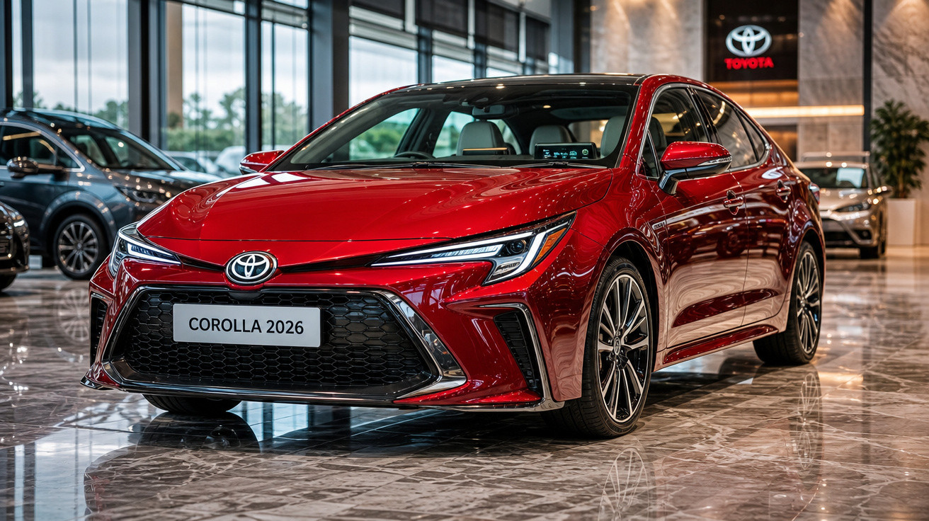 Carro Toyota Corolla 2026 vermelho em exposição dentro de showroom moderno com piso de mármore.